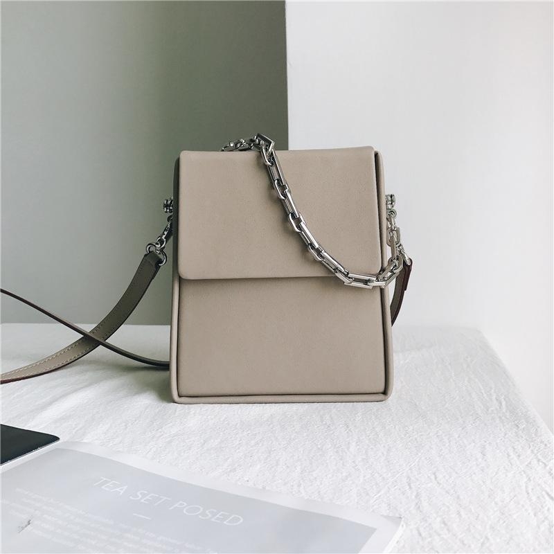 Coffee Summer Leather Crossbody Box Bag Purse with Silver Chain