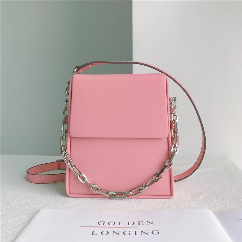 Pink Summer Leather Crossbody Box Bag Purse with Silver Chain
