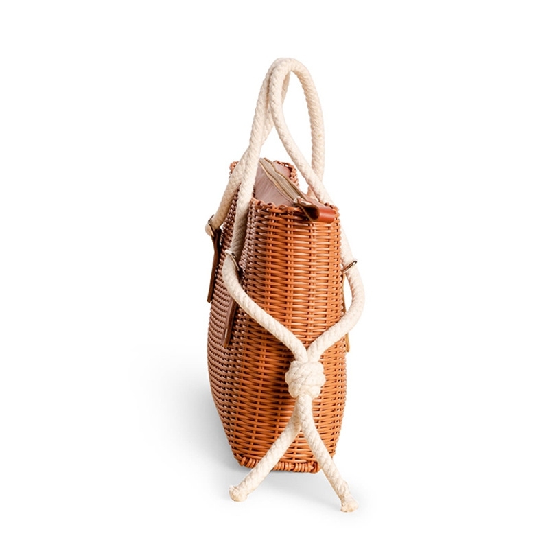 Brown Summer Rattan Woven Beach Bags Rope Handle Handbags