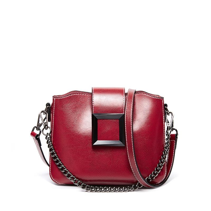 Burgundy Cow Leather Chain Strap Square Crossbody Purses