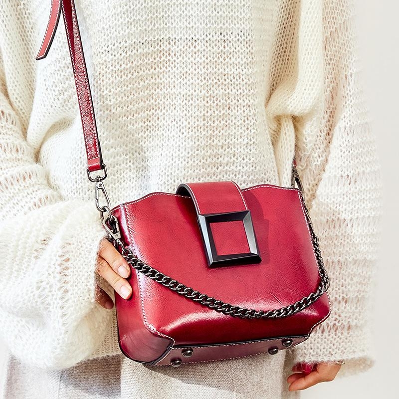 Burgundy Cow Leather Chain Strap Square Crossbody Purses