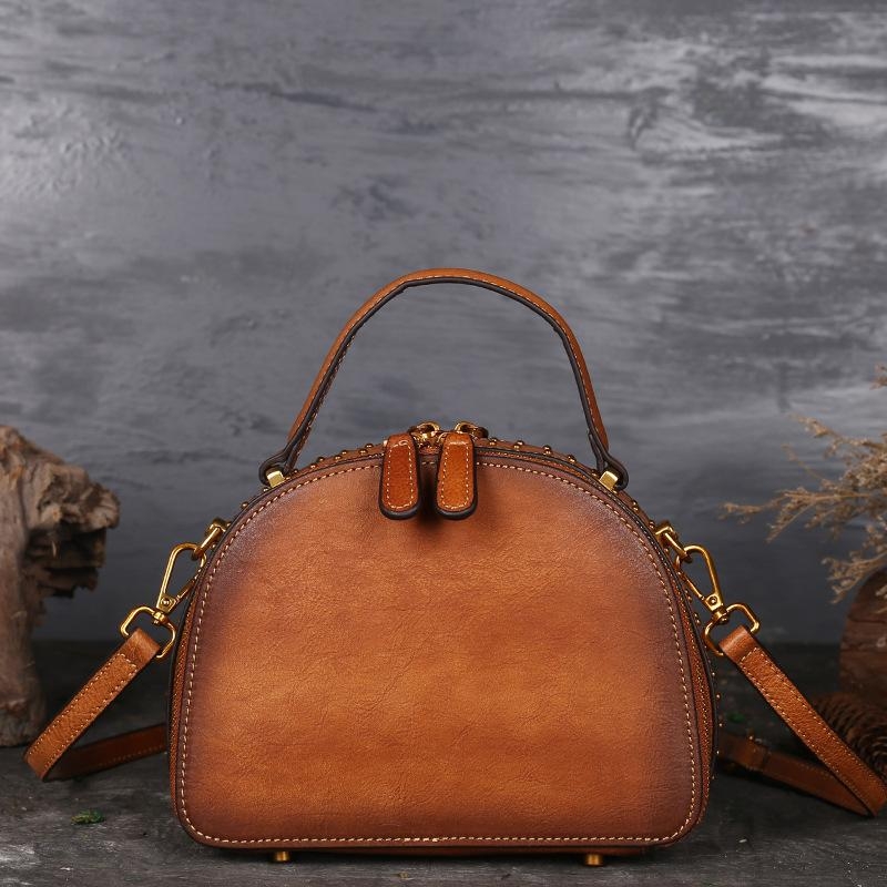 Tan Leather Embossed Vintage Bags Top Handle Crossbody Purse