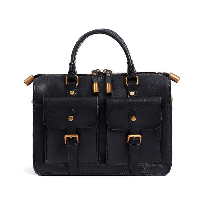 Black Leather Messenger Bag Top Handle Crossbody Satchel Bag For Work