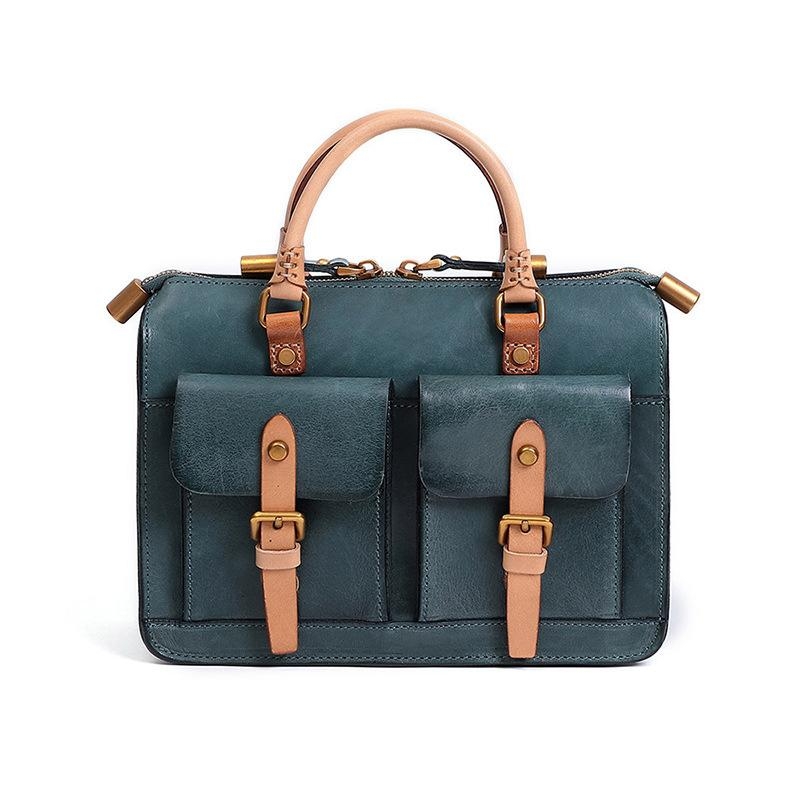 Blue Leather Messenger Bag Top Handle Crossbody Satchel Bag For Work
