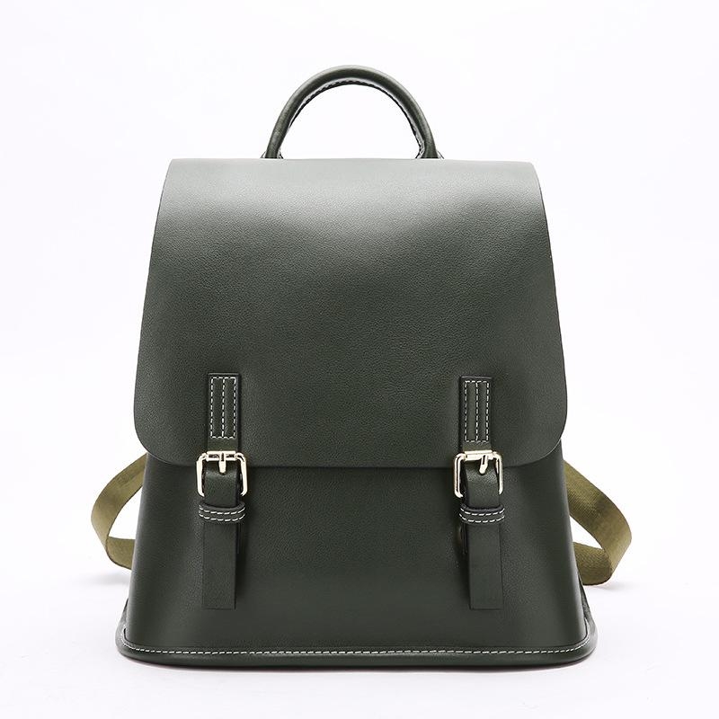 Dark Green Leather Backpack Foldover Double Buckles School Backpack