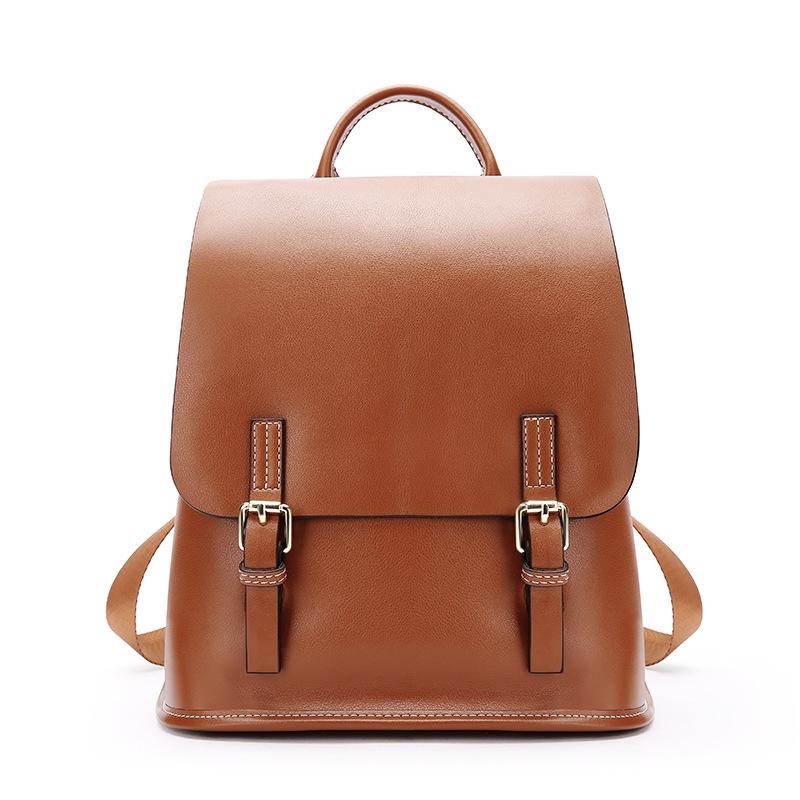 Tan Leather Backpack Foldover Double Buckles School Backpacks