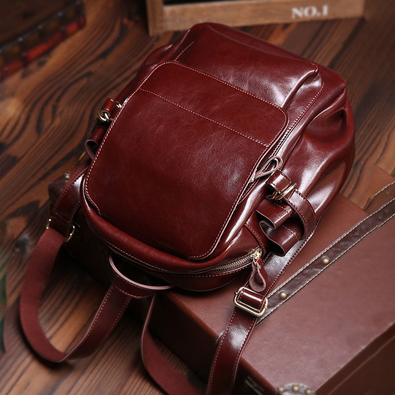 Maroon Long Flap Leather Backpack Retro College Style School Backpacks