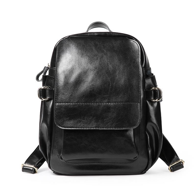 Black Long Flap Leather Backpack Retro College Style School Backpacks