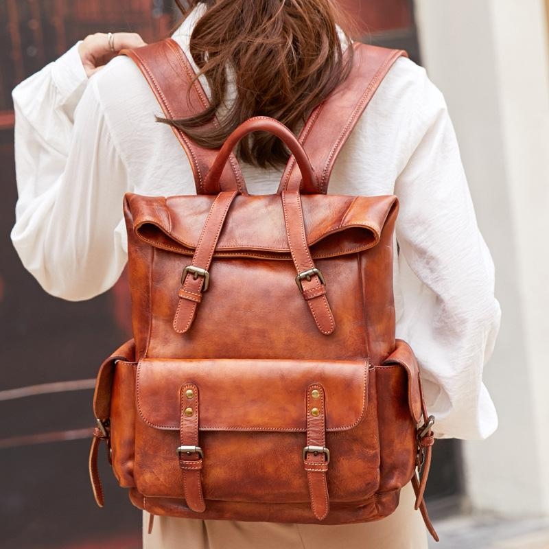 Tan Retro Buckles Leather Backpack Pockets Travel Backpacks