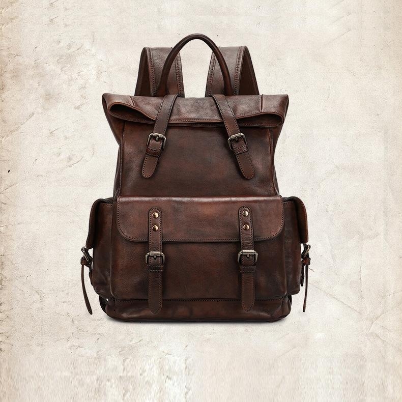 Tan Retro Buckles Leather Backpack Pockets Travel Backpacks