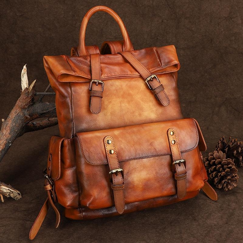 Tan Retro Buckles Leather Backpack Travel Backpacks- Small Size
