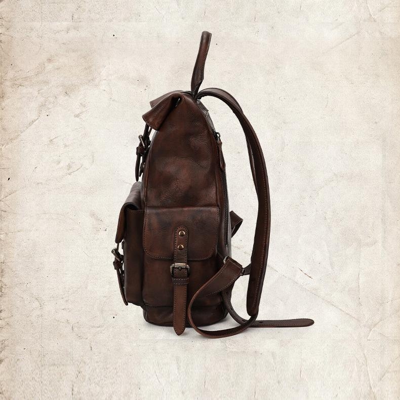 Tan Retro Buckles Leather Backpack Travel Backpacks- Small Size