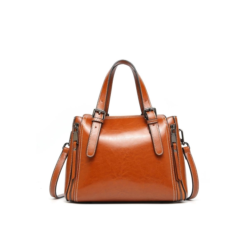 Tan Retro Double Zipper Shoulder Leather Handbags