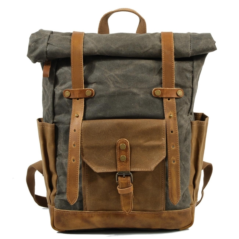 Burgundy Waterproof Travel Backpack Oil Leather&Canvas Big Backpacks