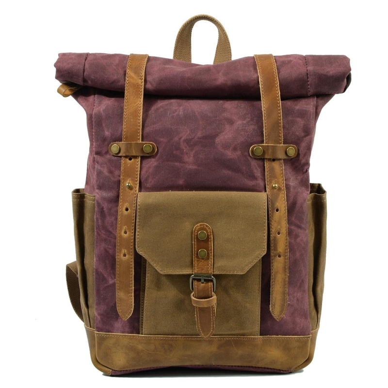 Burgundy Waterproof Travel Backpack Oil Leather&Canvas Big Backpacks