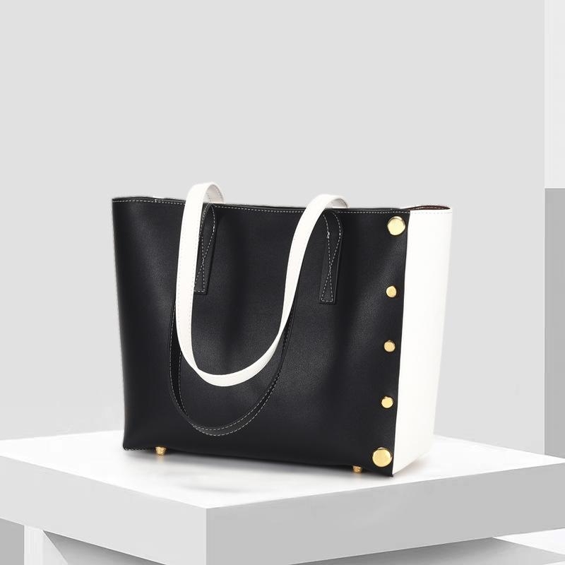 White&Black Leather Color Blocked Rivets Large Tote Bag Handbags