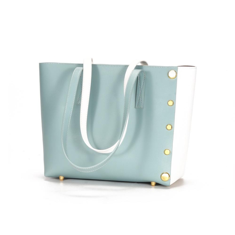 White&Blue Leather Color Blocked Rivets Large Tote Bag Handbags