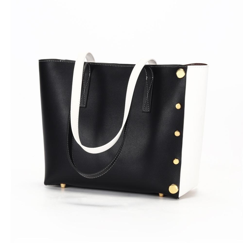 White&Black Leather Color Blocked Rivets Large Tote Bag Handbags
