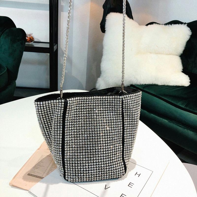 Silver Crystal Basket Bag Rhinestone Crossbody Chain Purse Bucket Bags
