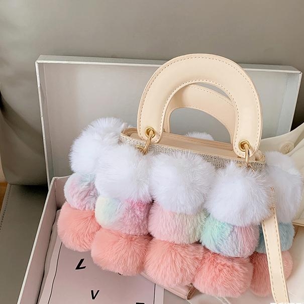 Pink Faux Fur Hand Purse Pompom Shoulder Handbags