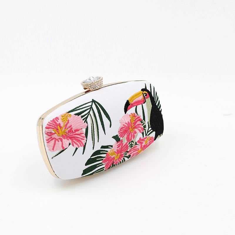 White Flowers and Bird Embroidered Box Clutch Purse Evening Bag