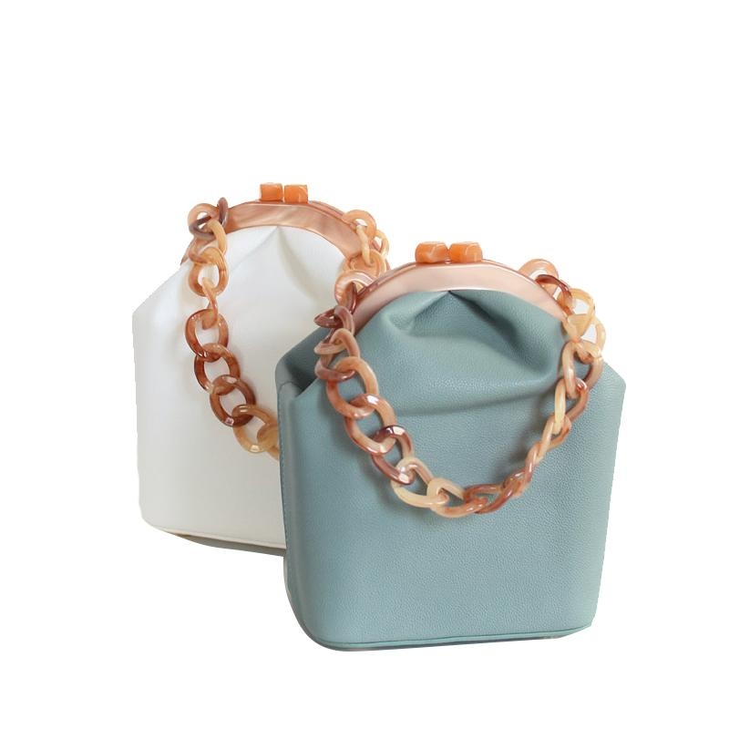 Light Blue Kiss Lock Vegan Leather Bucket Handbags Acrylic Chain Bags