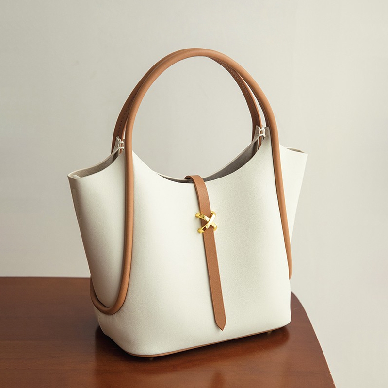 White Leather Basket Bag Crossbody Purse With Top Handle