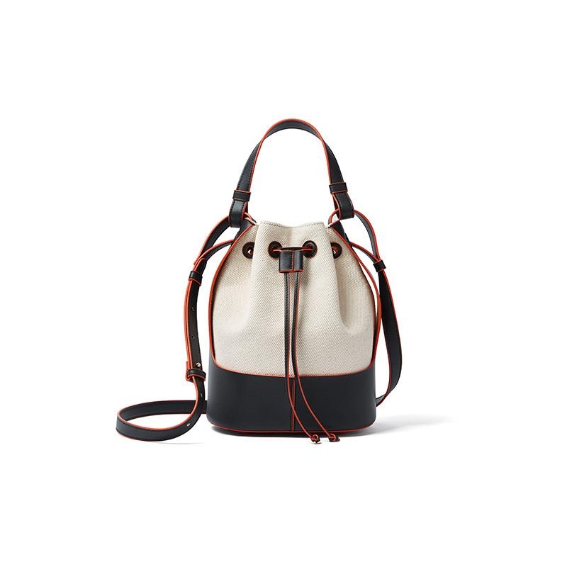 Black Leather and White Canvas Belt Tightened Bucket Handbags