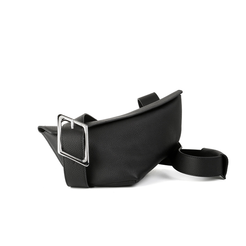 Black Litchi Grain Leather Crossbody Bag Soft Wide Strap Buckle Shoulder Purse