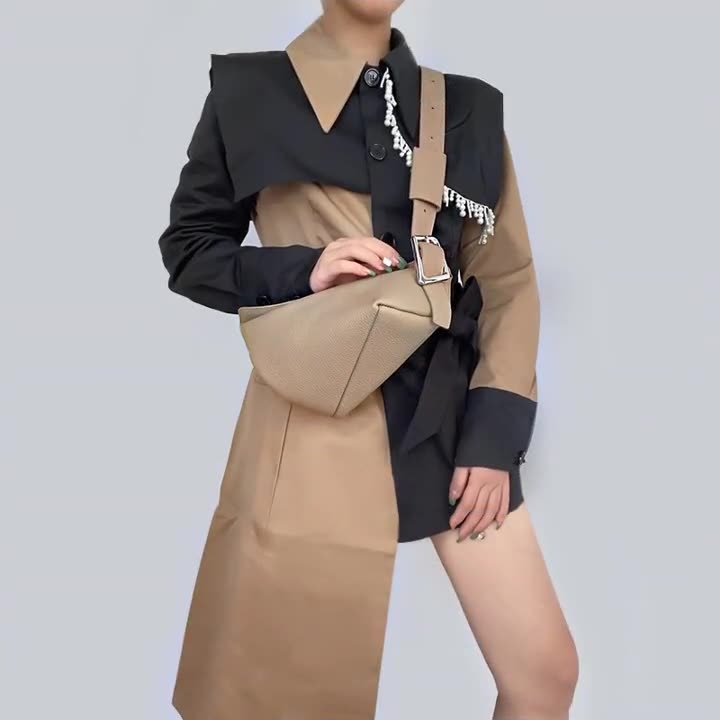 Khaki Litchi Grain Leather Crossbody Bag Soft Wide Strap Buckle Shoulder Purse