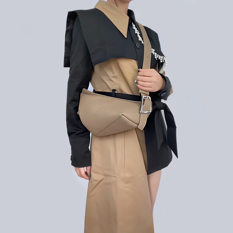 Black Litchi Grain Leather Crossbody Bag Soft Wide Strap Buckle Shoulder Purse