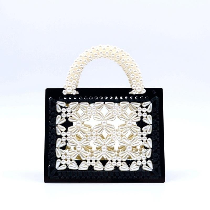 Black and White Pearl Crossbody Beaded Bag Transparent Satchel Handbag