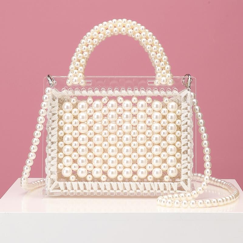 White Pearl Acrylic Crossbody Beaded Bag Transparent Satchel Handbag