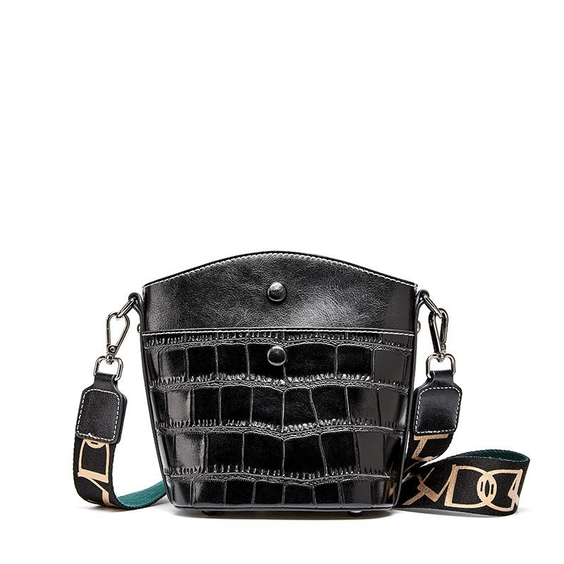 Black Retro Croc-effect Leather Bucket Bag Wide Strap Crossbody Bag