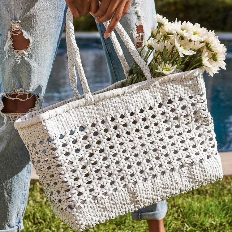 White Woven Leather Tote Bag Hollow-out Basket Handbags