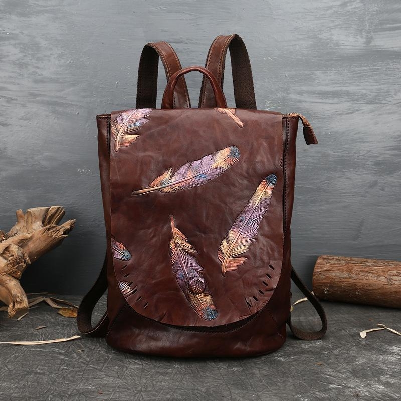 Wine Leather Feather Embossed Travel Vintage Backpack Purse For Women