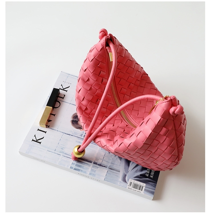 Women' Pink Leather Woven Half Moon Shoulder Bags