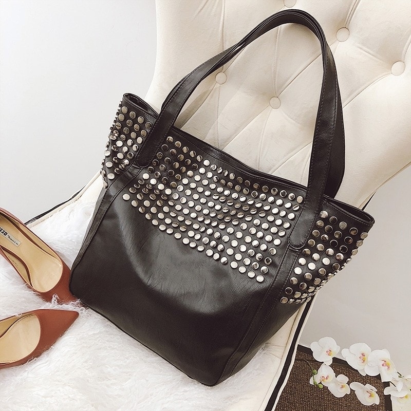 Women's Black Large Tote Bag with Studs
