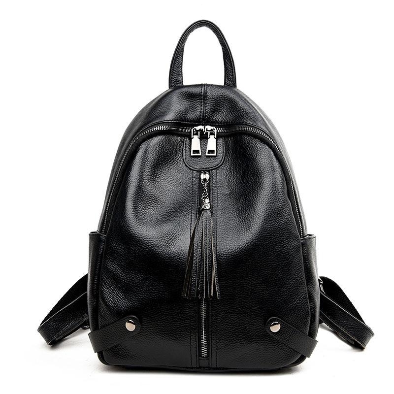 Women's Black Leather Backpack Zipper School Backpack with Tassels