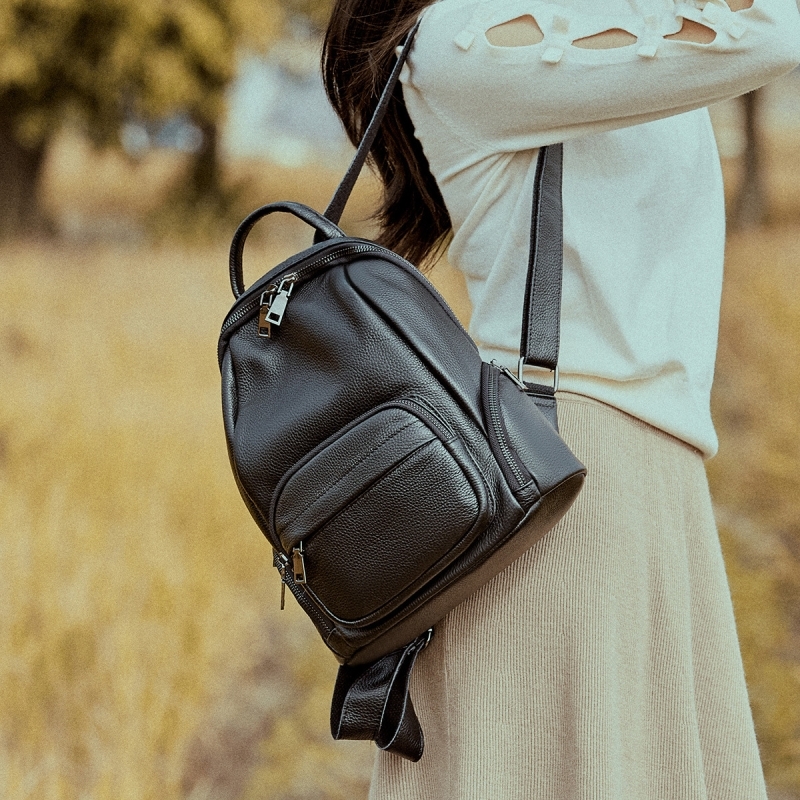 Women's Black Leather Front Pocket Backpacks