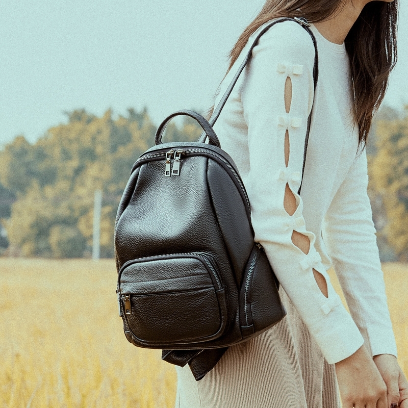 Women's Black Leather Front Pocket Backpacks