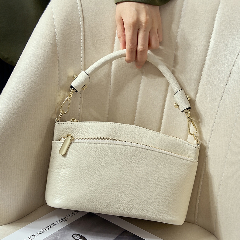 Women's White Leather Pocket Zipper Shoulder Hoho Bags