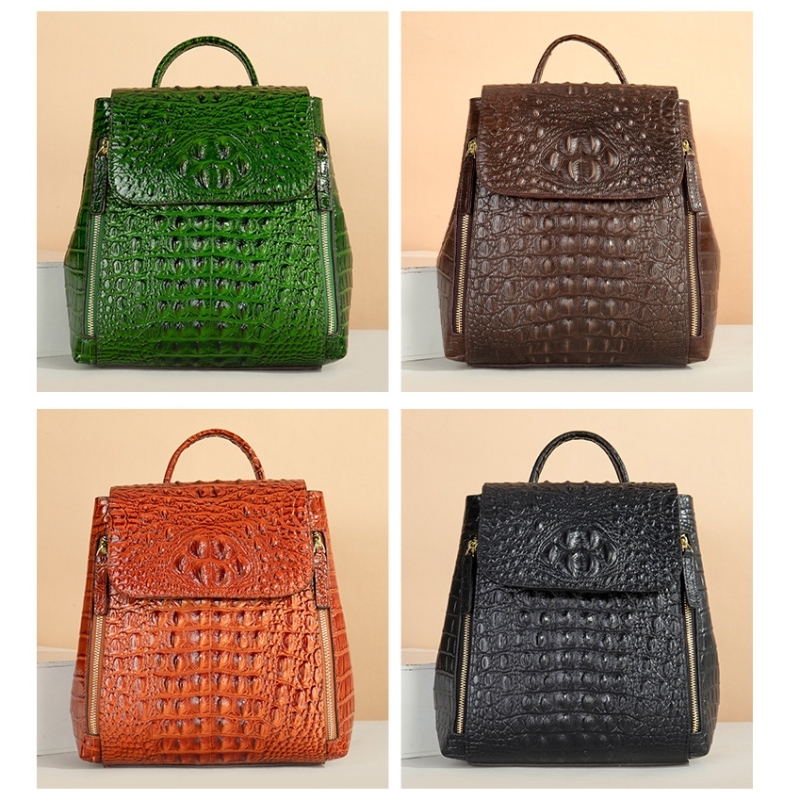 Women's Green Embossed Leather Flap Backpack