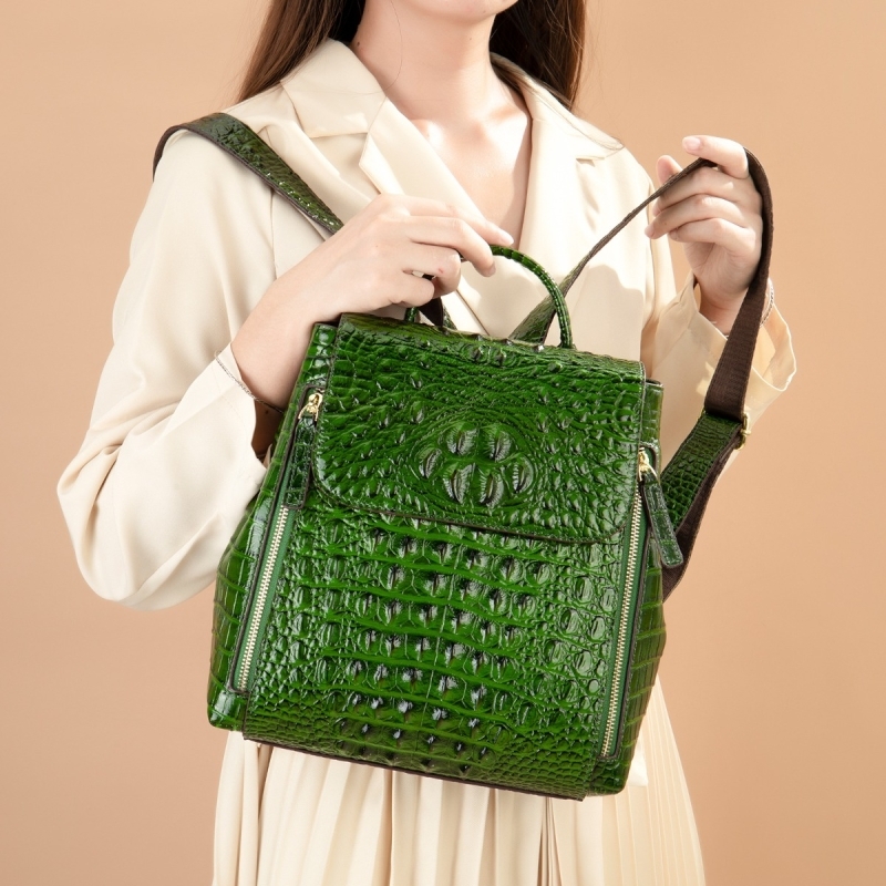 Women's Green Embossed Leather Flap Backpack