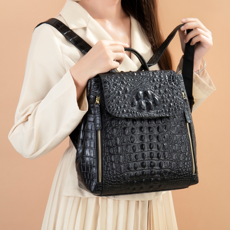 Women's Black Embossed Leather Flap Backpack