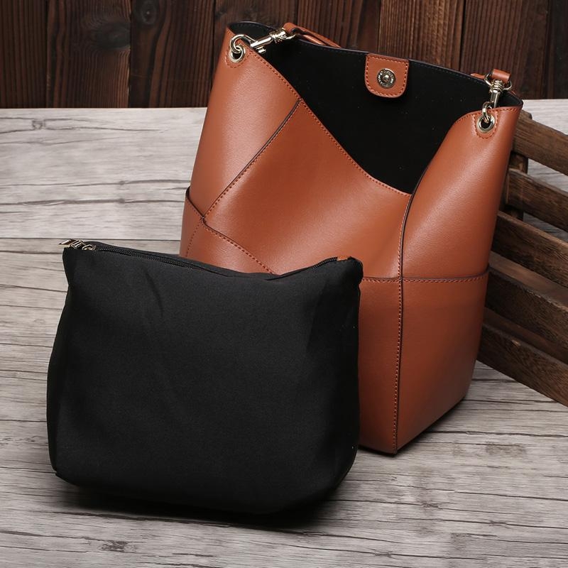 Women's Brown Genuine Leather Shoulder Bucket Bag with Wide Strap 