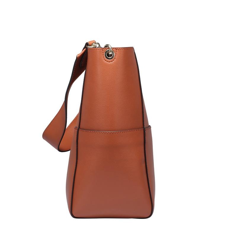 Women's Brown Genuine Leather Shoulder Bucket Bag with Wide Strap 