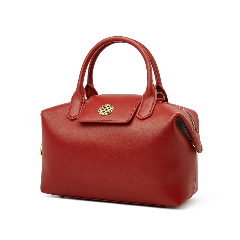 Women's Red Leather Boston Handbag Large Size 