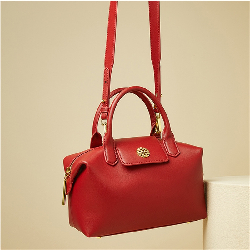 Women's Red Leather Boston Handbag Large Size 