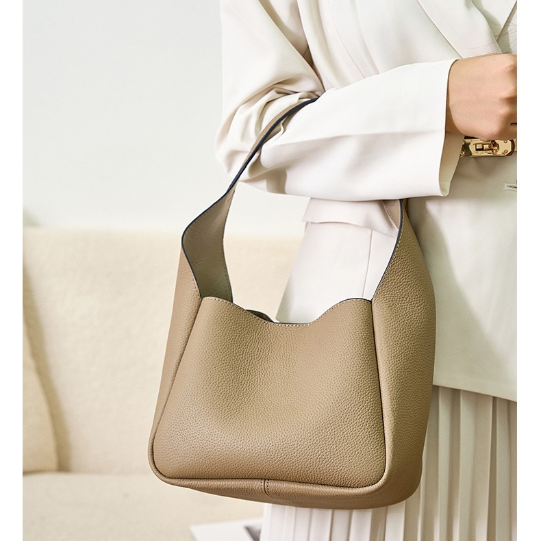 Women's Grey Litchi Grain Leather Shoulder Hobo Bag